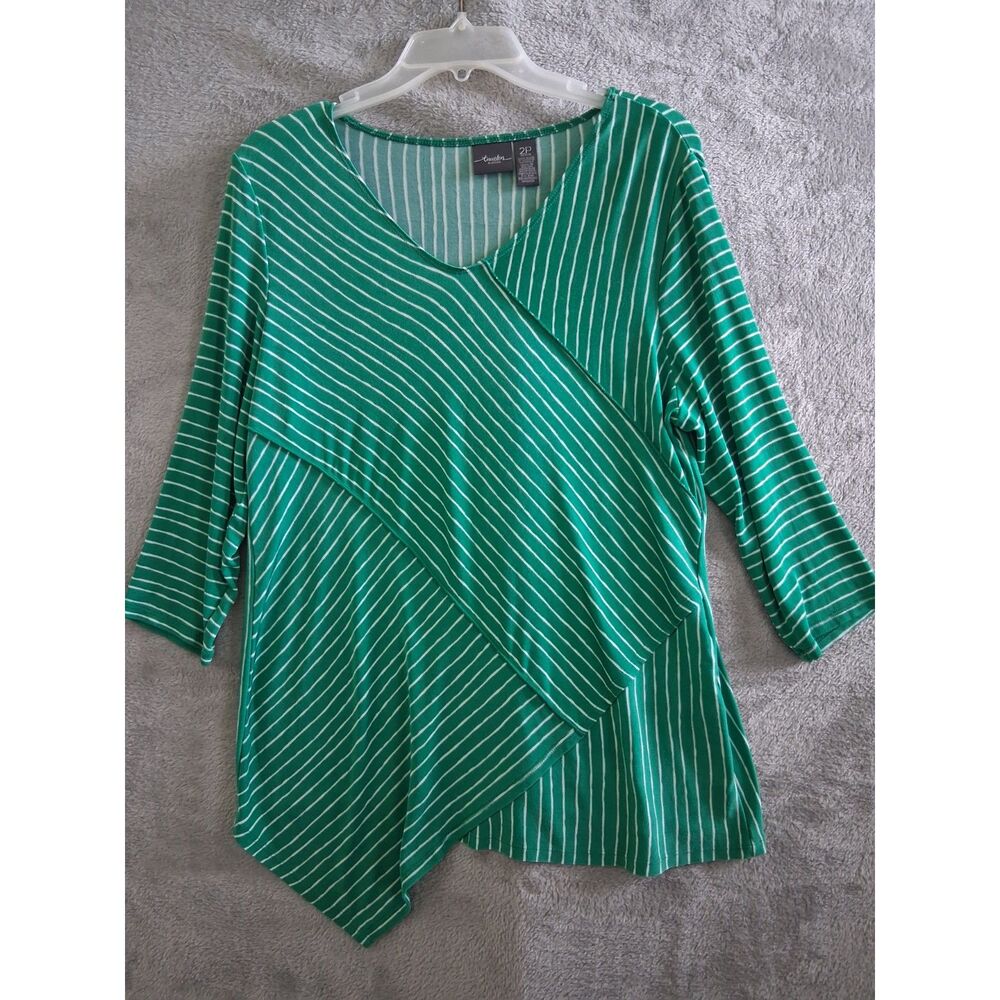 Chicos Travelers Top Sz 2 Lg Petite Liquid Knit 3/4 Sleeve Green Stripe Coastal